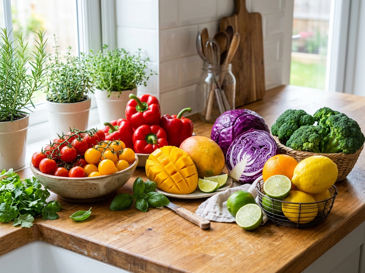 Pilihan sayuran dan buah-buahan berwarna-warni kaya vitamin dan antioksidan