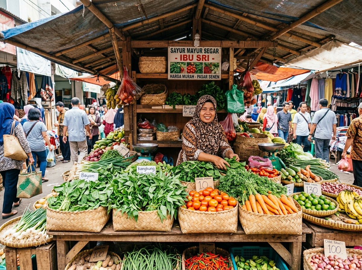 Pasar tradisional di Indonesia dengan beragam sayuran hijau dan buah segar